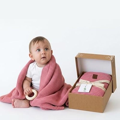 Organic Cotton Baby Blanket 30x40 in, Berry – GOTS Certified, Soft Knit Swaddle with Gift Box, Breathable Nursery Blanket for Crib & Stroller, Machine Washable