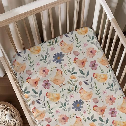 Cute Chicken Pattern Baby Sheets for Crib, Unisex Farm Animals Chicken Flowers Leaves Nursery Fitted Bed Sheet for Boys Girls Standard Crib and Toddler Mattress-28x52