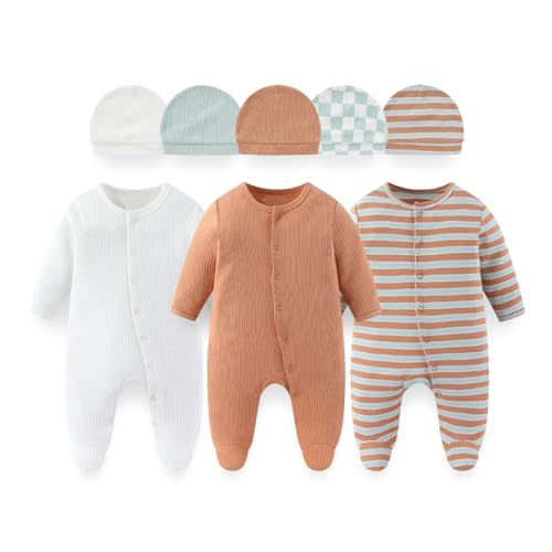 BABYSOLIS 8 Pack Unisex Baby Boy Girl Footed One-piece Outfit Infant Hats 0-12months Comfort New Born Romper Clothes