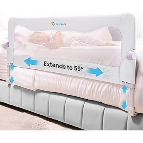 TotCraft FlexGuard Adjustable Length & Height Bed Rail for Toddlers – Fits Twin, Full, Queen & King Beds – 35.5″ or 59″ Two Fixed Lengths – 14 Height Levels – ASTM Certified Kids Safety Guard (White)