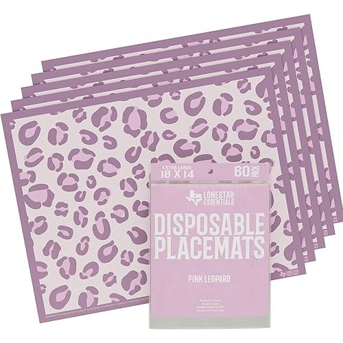 (60 Pack) Disposable Placemats for Baby Toddlers Kids | Table Mat with Adhesive Strips Stick on | Extra Large Mats 18" x 14" Waterproof (Pink Leopard)