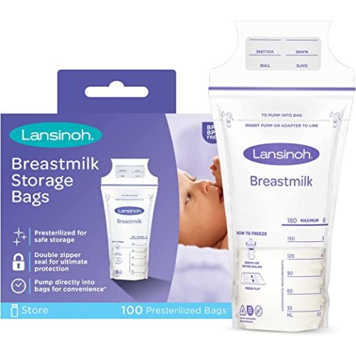 Lansinoh Breastmilk Storage Bags, 100 Count, 6 Ounce, Easy to Use Milk Storage Bags for Breastfeeding, Presterilized, Hygienically Doubled-Sealed, for Refrigeration and Freezing