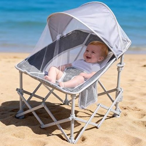 Foldable Baby Beach Chair with Canopy and Mosquito Net Dark Grey