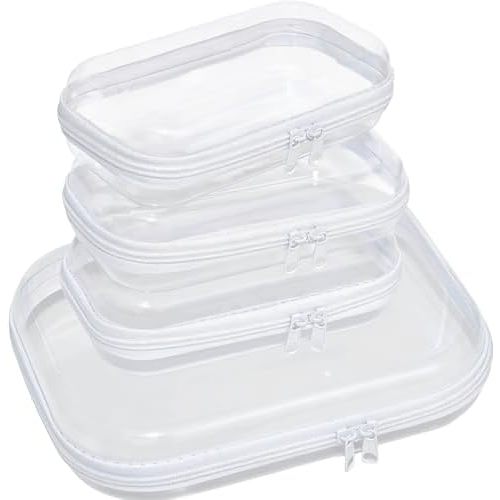 3PCS Clear Hard Plastic Zipper Case, Double Zippers Hard Pouch, Portable Travel Organizer Bin Clear Makeup Bag for Toy Storage, Snack Bag,Cosmetics, Diaper Bag,Toiletry Bag (3S+1M)