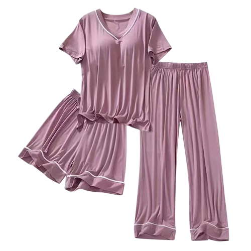 Summer Savings Clearance! Ecqkame Pajama Sets for Women Solid Silk satin Short Sleeve Padded Top Stretchy Loungewear 3 Piece Pajamas Set Hot Pink L