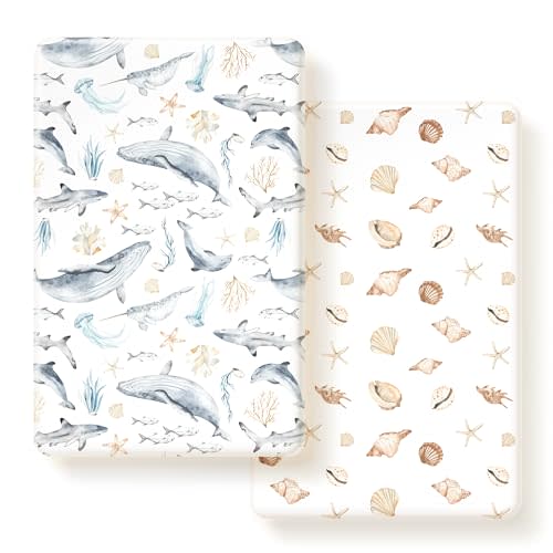 GRSSDER Stretchy Super Soft Jersey Knit Fitted Pack n Play Sheets Set 2 Pack, Universal Fitted for Portable/Mini Crib Mattresses Snug and Safe, Beautiful Marine Organism for Boys and Girls