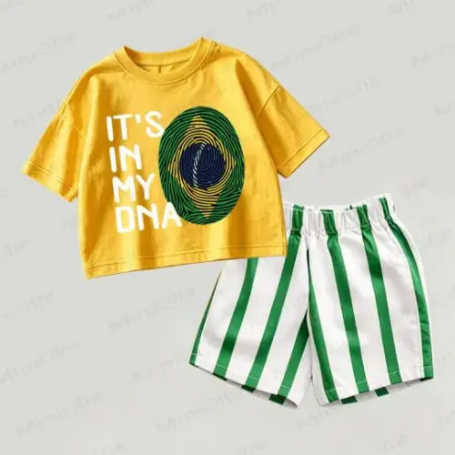 2 Piece Bundle Set of Yellow & Green Brazil Top & Striped Shorts (18 - 24 Months)
