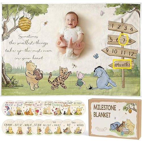 Classic Winnie Bear Baby Monthly Milestone Blanket, Neutral Vintage Bear Quotes Soft Flannel Milestone Blanket with Gift Box Holiday Signs Felt Marker for Winnie Nursery Decor Baby Stuff 60 x 40Inch