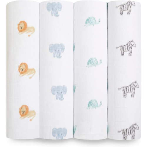 aden + anais Organic Cotton Muslin Swaddle Blanket, Multi Animal Kingdom, Unisex, 4-Pack