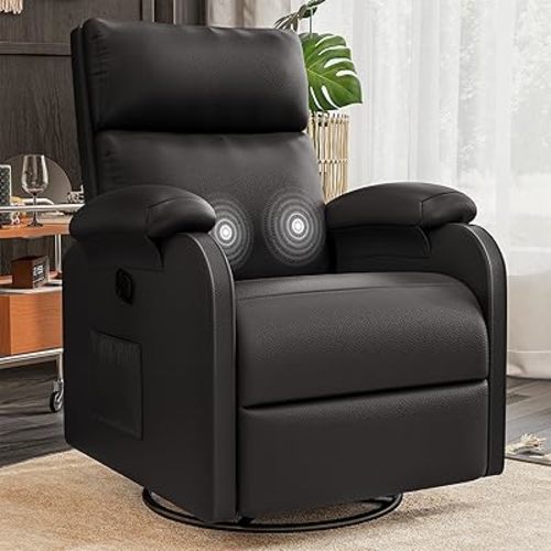 Homall Recliner Chair, 360 Swivel Rocking Chair for Adults, Massage Nursery Chair with Adjustable Backrest and Footrest, PU Leather Glider Rocker Recliners with Side Pocket for Living Room (Black)