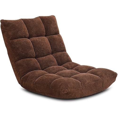 Giantex Floor Chairs for Adults - Floor Gaming Chair with Back Support, Coral Velvet, 14 Adjustable Position, Thick Sponge Padding, Floor Seating Lounge for Reading, Watching TV, Meditation (Brown)