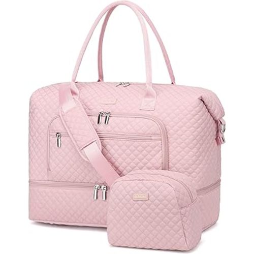 Duffle Bag for Women Travel, Large Carry on Bags Weekender Overnight Tote Bag with Shoe Compartment for Airplanes Gym Hospital, Gifts for Women, Pink