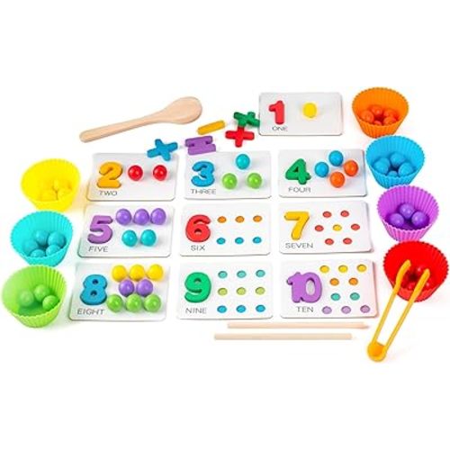 Fine Motor Toys，Wooden Peg Board Bead Game for Toddlers - Rainbow Stacking, Color Sorting & Counting Toys | Fine Motor Skills Development | Math Learning Games for 3 4 5 Years Old