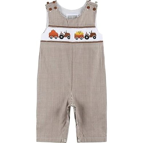 Brown Gingham Pumpkin and Corn Tractor Smocked Overalls