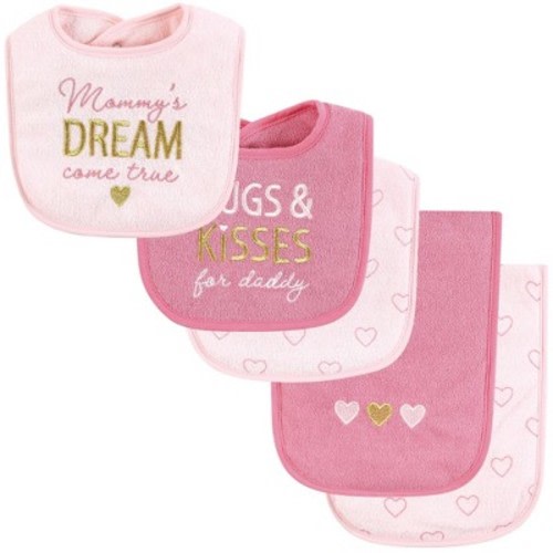 Hudson Baby Infant Girl Cotton Terry Bib and Burp Cloth Set, Mom Dad Dream, One Size