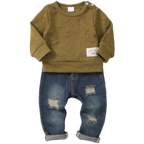 NZRVAWS Toddler Baby Boy Clothes Pullover Sweater Ripped Jean Sweatsuit Little Boy Outfit Fall Winter Clothing Set 6M-7T