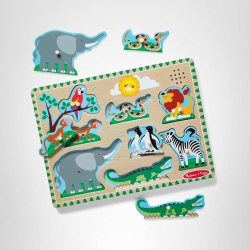 Melissa & Doug Zoo Animals Sound Puzzle – 8-Piece Wooden Peg Puzzle with Light-Activated Sounds, Music Learning Toy for Toddlers and Preschoolers Ages 2+