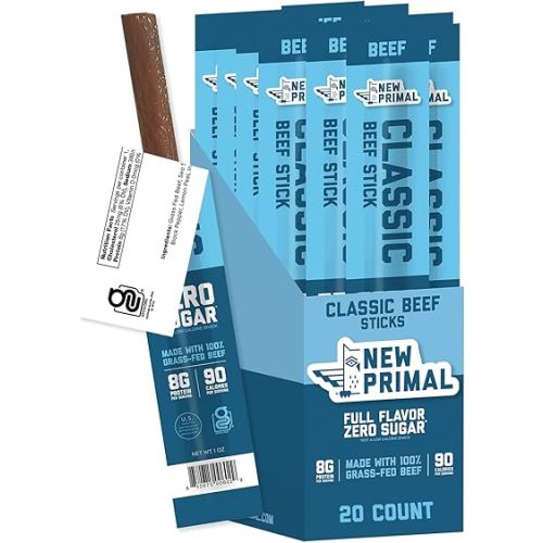 The New Primal Grass Fed Beef Sticks, Keto, Gluten Free Healthy Snacks for Adults, Sugar Free Low Carb High Protein Snack, Paleo Whole30 Jerky Meat Stick, 8g Protein, 90 Calories, 20 Pack