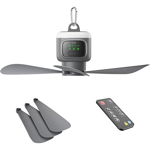VVU&CCO 18' Portable Ceiling Fan with Light for Patio Canopy Tent Porch RV, 4 Speed Adjustment with Lighting, 8 Hours Timer & Use Time Up to 30H, 12000mAh Battery -operated Ceiling Fan with Remote