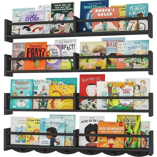 34Inch Nursery Bookshelves,Set of 4,Wall Floating Shelf Kids Coat Rack with 6Hooks,Hanging Book Shelf for Baby Nursery Room Décor ,Patent Number: 29958098(Black, 34)