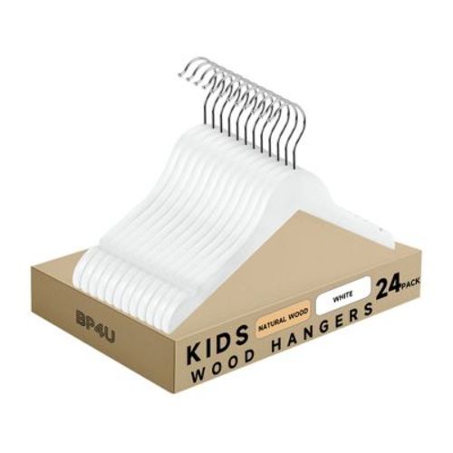 BP4U 24-Pack White 12.8" Kids Wooden Hangers with Non-Toxic Finish, Slim 0.4" Baby Clothes Hangers with 360° Swivel Hook for Toddler Coats