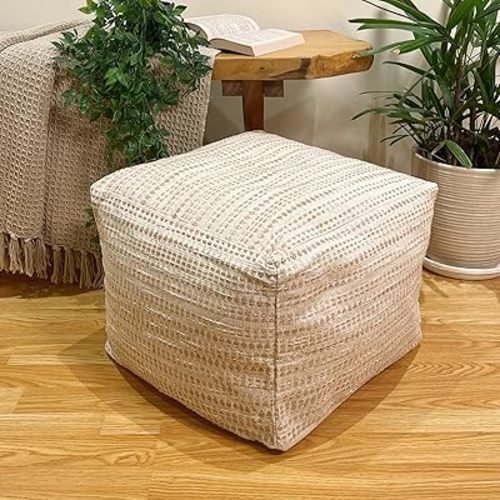 Chardin home Unstuffed Ottoman, Cozy & Bohemian Pouf Covers, Hand Crafted Casual Seating, Footrest, Square Floor Pillow for Home, Office, Bedroom, Living Room, 16.5" x 16.5"x 12.9", Beige-Off White