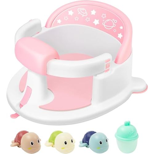 Baby Bath Seat for Babies 6-24 Months | for Tub, Shower, Home & Travel Use with 3 Toys & Rinse Cup, Non-Slip Suction Cups & Soft Cushion | Ideal Baby Shower Gift (Pink)