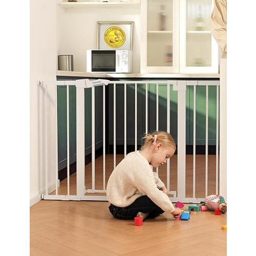 Babelio Metal Baby Gate, 29-48“ Auto Close Easy Install Pet Gate, Extra Wide Walk Thru Child Safety Gate, Pressure Mounted Dog Gate for Doorways & Stairs, with Y Spindle Rods, White