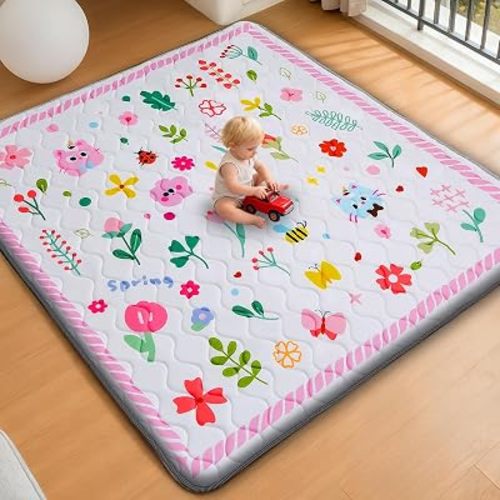 RONGFA Baby Play Mat for Floor, 43'' x 43'' Thicken Foam Soft Padded Mat for Baby, Playpen Mat for Toddlers Infant Kids, Machine Washable, Non-Slip Bottom Safe for Crawling (Flower)
