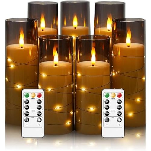 Flameless Candles with Embedded Star String, Battery Operated LED Pillar Candles with Timer and Remote Control,Home Decorating for Ambiance, Set of 7(Grey)