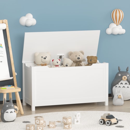 PORKISS Toy Box for Boys Girls, Wooden Kids Toy Chest with Storage Bench and Safety Hinged Lid, Modern Toy Storage Organizer for Living Room, Bedroom, Toddler Room, White
