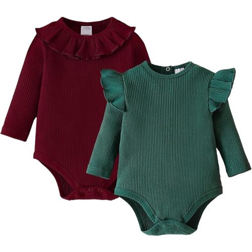 ROMPERINBOX Baby Girl Bodysuit 2 Pack, Long Sleeve Ribbed Knitted Onsies Ruffle Collar and Flutter Sleeve Fall Winter Clothes