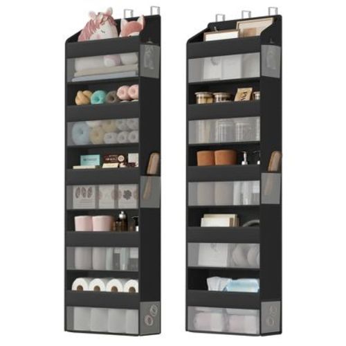 SONGMICS Over-the-Door Organizer, 5-Tier Door Hanging Storage Shelf, Closet Hanging Organizer Foldable, Transparent, Metal Hooks, Set of 2, Ink Black