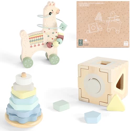 Freniland Montessori Toys for 1 Year Old，3-in-1 Wooden Baby Toys，Wooden Stacking Toy，Toddler Shape Sorting Cube, Llama Ring Toy,Newborn Baby Gift Sets for Boys and Girls