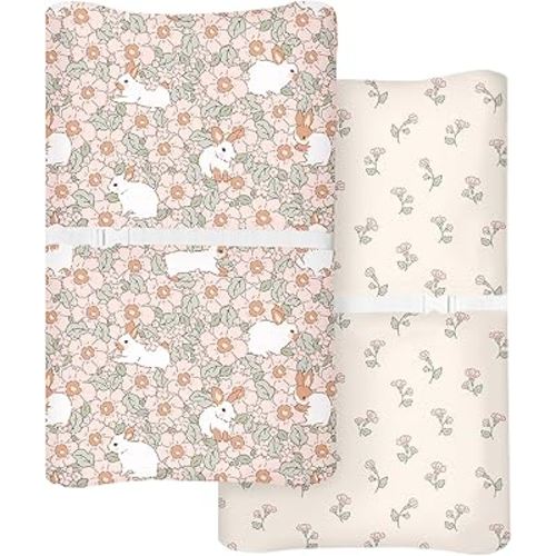 Changing Pad Cover for Baby Boys Girls 2 Pack, Fits Standard 32”×16” Changing Table Pads, Silky Breathable Stretch Knit, Machine Washable (Bunny Garden)