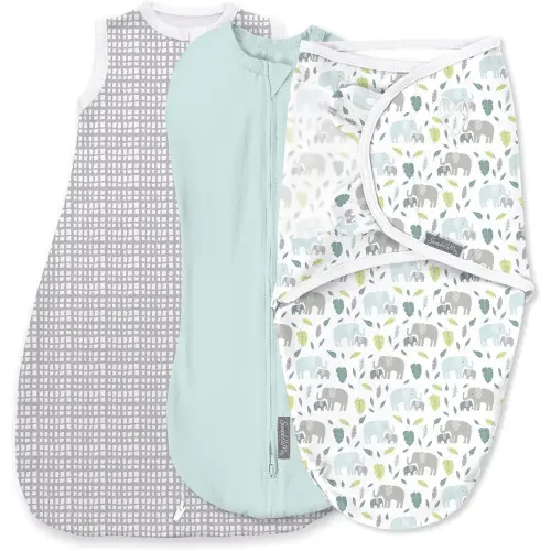 SwaddleMe by Ingenuity Comfort Pack Baby Swaddle Set, Size 0-3 Months, 5-14 Pounds, SwaddleMe Pod, Original Swaddle, Night Sack, 3pk - Baby Elephant