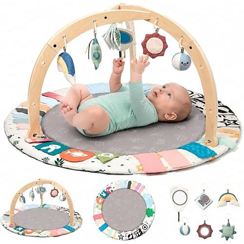Baby Play Gym Mat with Tummy Time Activity for Newborn Girls and Boys, Non-Slip Floor Mat Includes 6 Detachable Toys for Sensory Development, Machine Washable, Essential Gift (Grey)