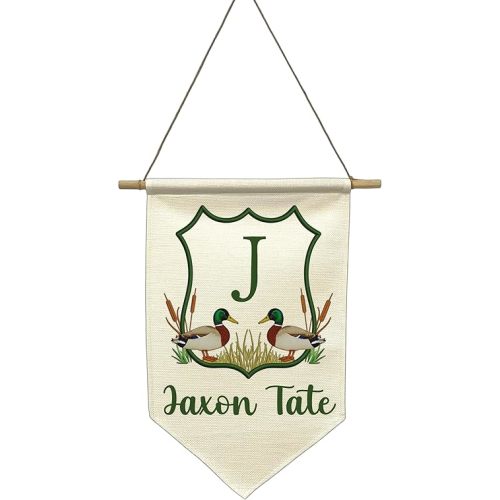 Personalized Banner with Ducks – Custom Name Wall Hanging for Baby Boy nursery – Woodland Mallard Nursery Decor