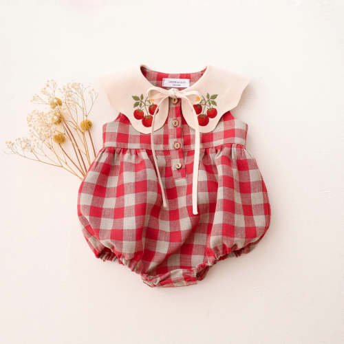 Cherry Check Linen Bubble Playsuit with Petal Collar in Ivory Linen wi – Dannie and Lilou