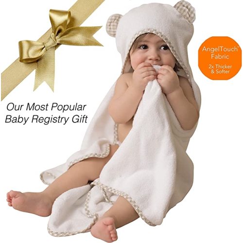 Channing & Yates Premium Organic Baby Towel Set - Soft Viscose Bamboo Hooded Towel & Washcloth - Girl & Boy Bath Essentials (Beige/White)