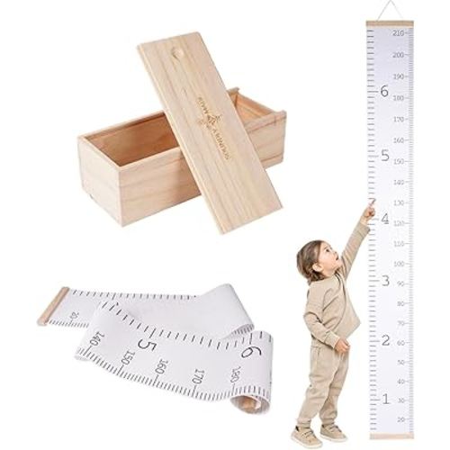 Growth Chart for Wall | Kids Height Chart Canvas Ruler with Wooden Storage Box | Waterproof Measuring Chart | Nursery Decor & Baby Shower Gift