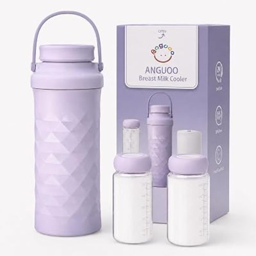 ANGUOO 22oz Portable Breast Milk Cooler for Outdoor，360°Total Cooling for 24Hours，Larger Capacity Travel Breastmilk Chiller with 2pcs Baby Bottles for Breastmilk Storage, Breastfeeding Essentials