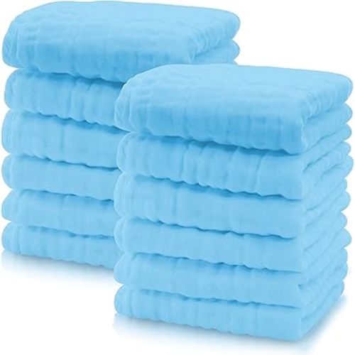 Cute Castle 12 Pack Muslin Baby Washcloths - Large 12'' by 12'' - Ultra Soft 100% Cotton - Super Absorbent Burp Cloths for Unisex, Boy, Girl -Aquamarine