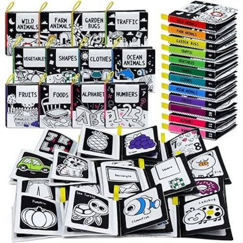 OKOOKO 12PCS Soft Baby Books Black and White High Contrast Soft Cloth Bath Books Crinkle Washable Non-Toxic Early Education Preschool Learning Toy for Newborns Babies Infants Toddlers Kids