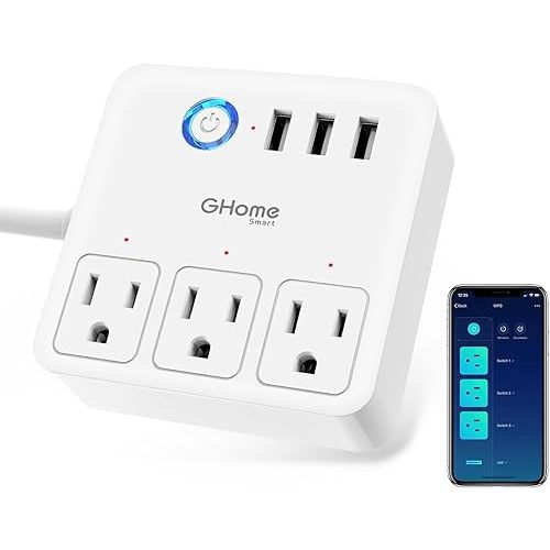 GHome Smart Power Strip with 3 USB Ports & 3 Smart Outlets Plugs That Work with Alexa & Google Home, WiFi Surge Protector, Flat Plug for Home Office Travel, 10A, White