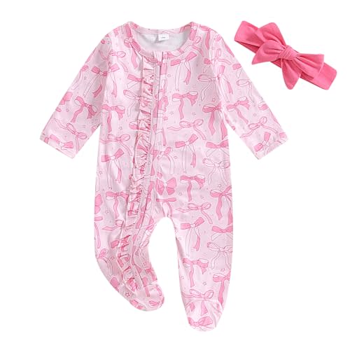 Newborn Baby Girl Bow Heart Footies Romper Long Sleeve Sleeper Headband Zip Up Footed Overalls Coming Home Outfits