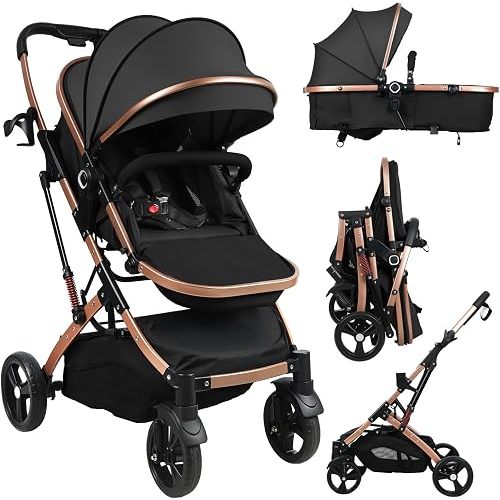 Baby Stroller, 2 in 1 Convertible Bassinet Mode Newborn to Toddler | Reversible Seat UPF Canopy, Shock Absorption Infant Stroller with Five-Point Harness, for Daily Strolls Shopping (Black)