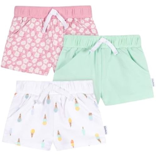 Gerber Baby Girls' 3-Pack Pull-On Knit Shorts, Pink, White & Green, 6-9 Months