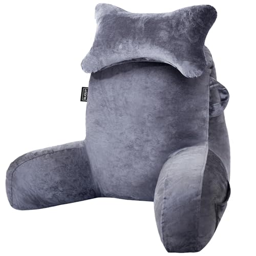 SLIGUY Reading Pillow for Sitting in Bed Couch Adult, Back Pillow with arm Support and Pockets, Adult Back Pillow Bed Chair for Bed Rest, Reading, Watching TV, Gaming for Boys and Girls Dark Grey