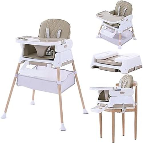 3 in 1 Baby High Chair, Convertible Baby High Chairs for Babies and Toddlers, Hrusitoo Adjustable Compact Infant Feeding Chair (Khaki Highchair)